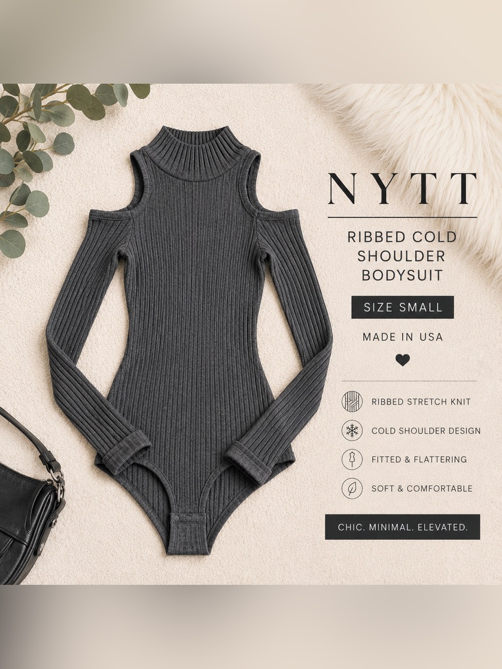 NYTT Ribbed Cold-Shoulder Turtleneck Bodysuit in Charcoal